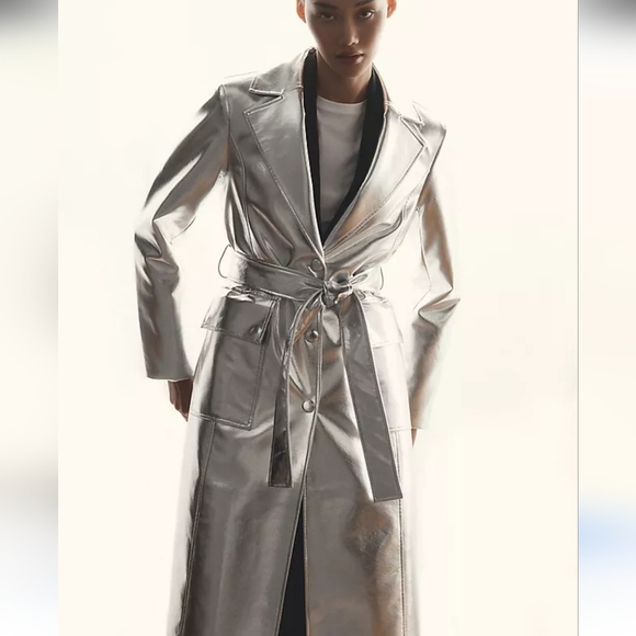 Avec Les Filles Jackets & Blazers - Anthropologie Avec Les Filles Metallic Faux Leather Trench Coat Silver L